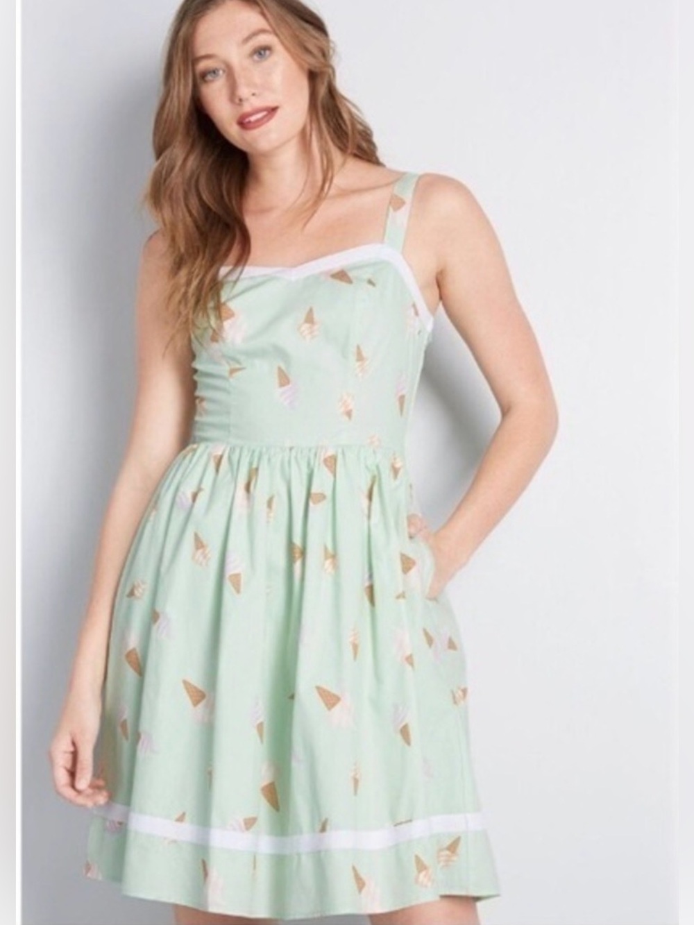 ModCloth Sweetest Treat Ice Cream Cone Print Pinup Dress Mint Women’s Size XL